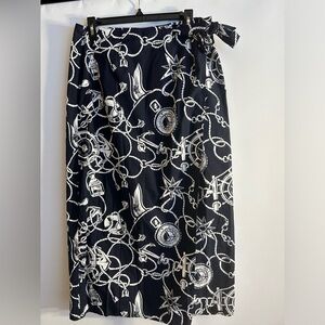 TALBOTS NAUTICAL PRINT WRAP MIDI SKIRT NAVY AND WHITE 100% COTTON WOMAN SIZE 14